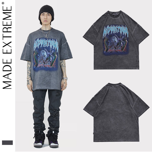 Spring Summer New Products National Tide Men'S Washed Rock Print Loose Short Sleeve T Shirt