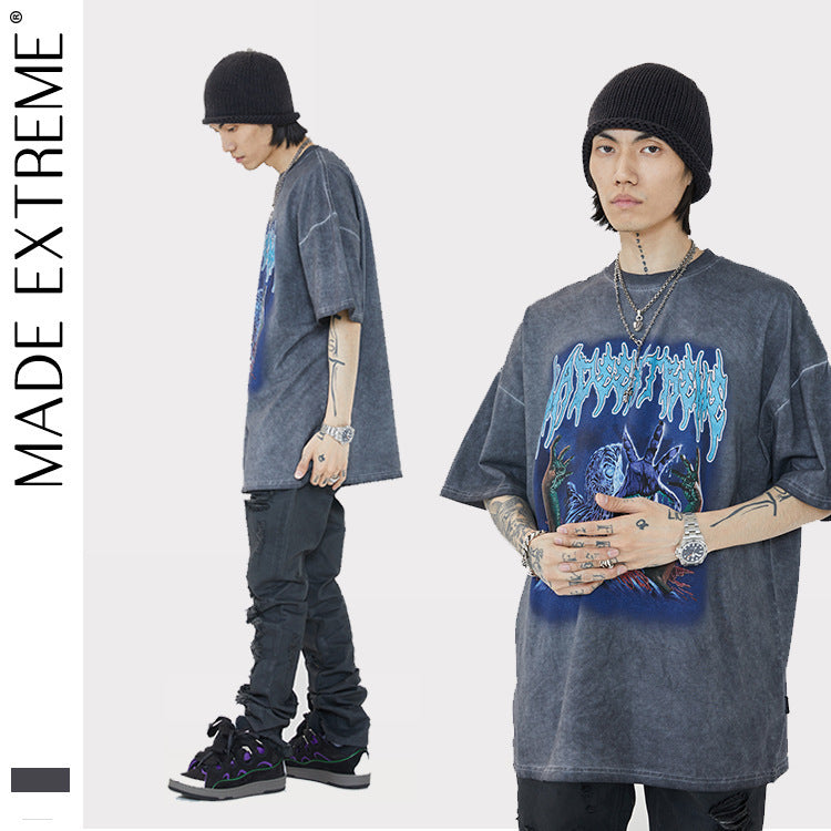 Spring Summer New Products National Tide Men'S Washed Rock Print Loose Short Sleeve T Shirt