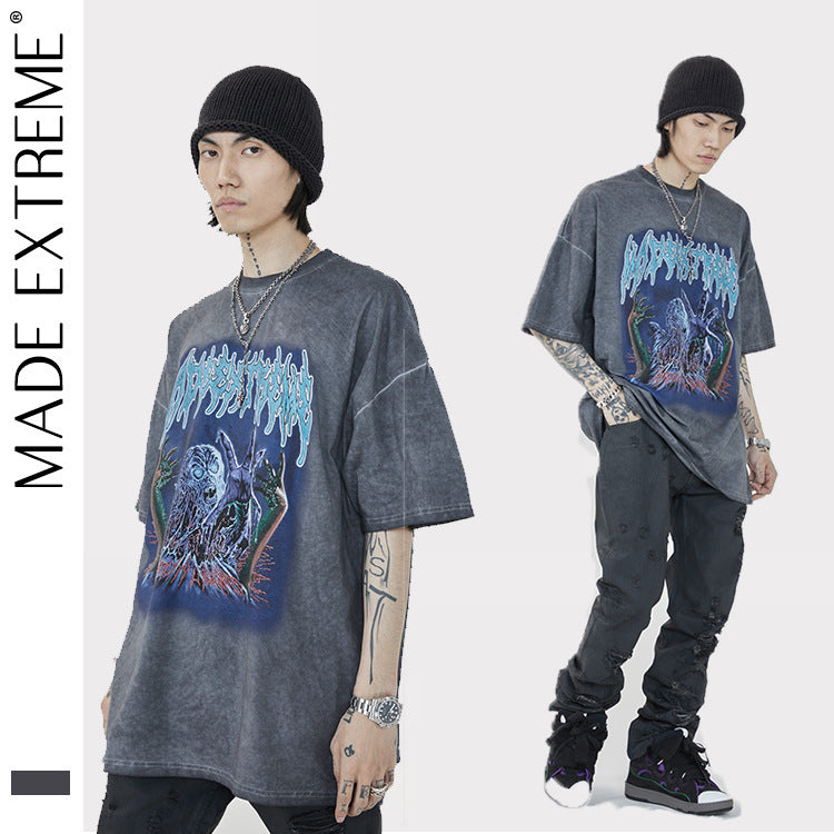 Spring Summer New Products National Tide Men'S Washed Rock Print Loose Short Sleeve T Shirt
